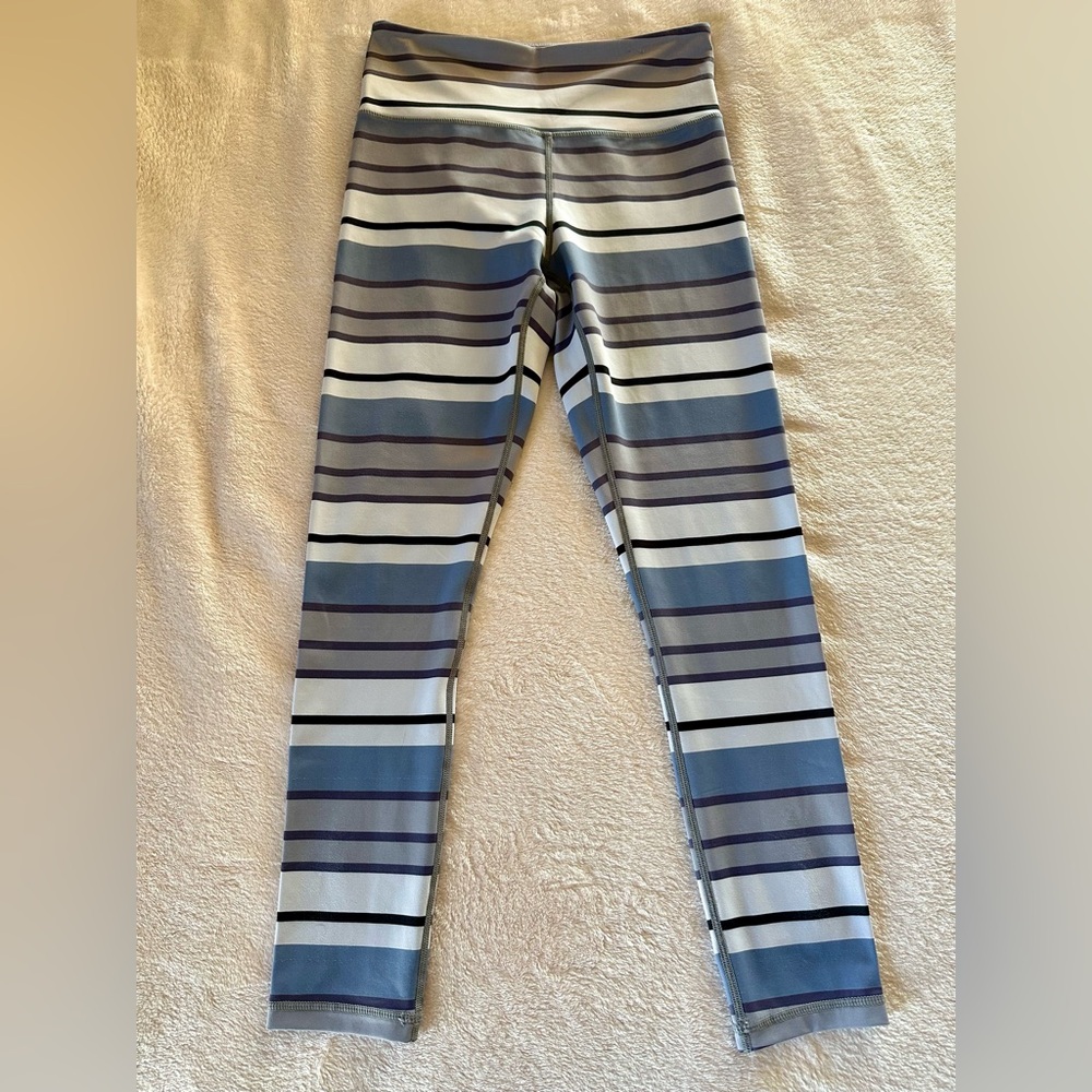 ZYIA Active Women’s Striped Leggings in Blue, Gray & White